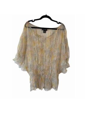 Spencer Jeremy Silk Blouse Womens L Pastel Floral Batwing Dolman V-Neck Sheer